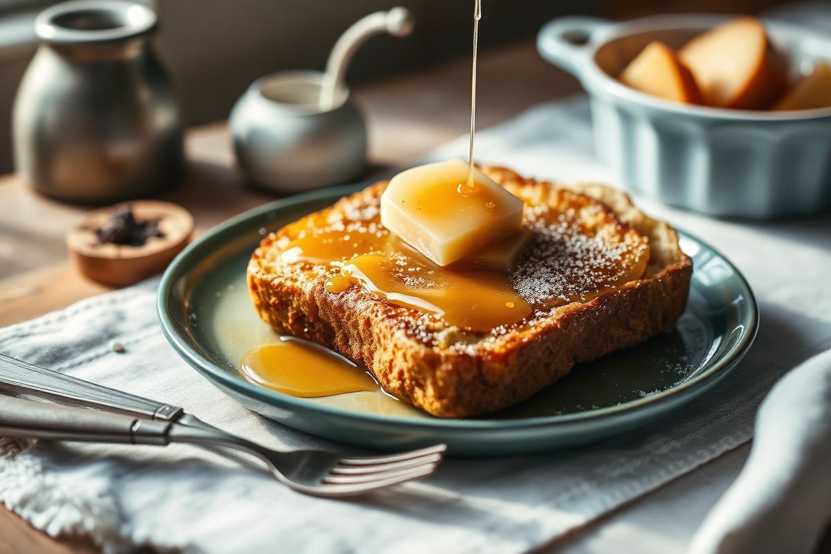 Tranche de pain perdu au pain complet dorée à la poêle, filet de miel et cannelle