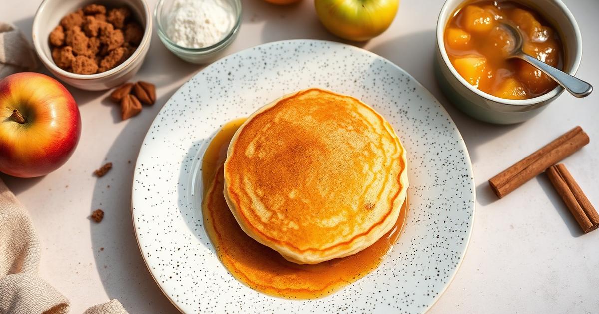 Pancake doré sans oeuf sur assiette mouchetée, compote de pomme et cannelle autour