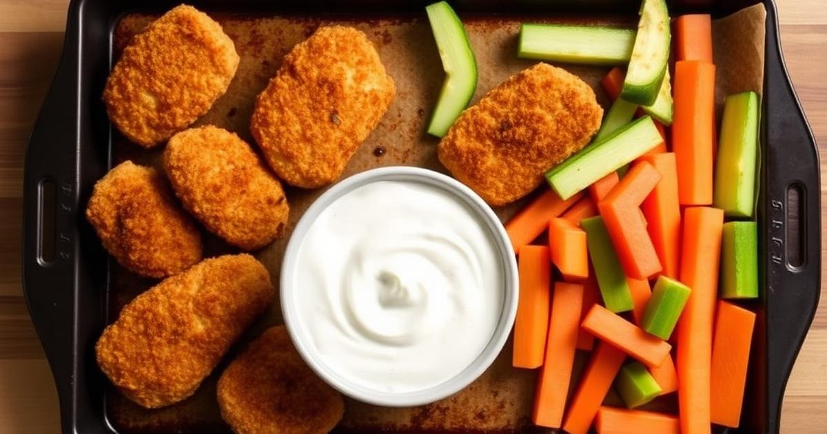 Nuggets de poulet maison au four dorés sur une plaque, avec bâtonnets de légumes et sauce yaourt