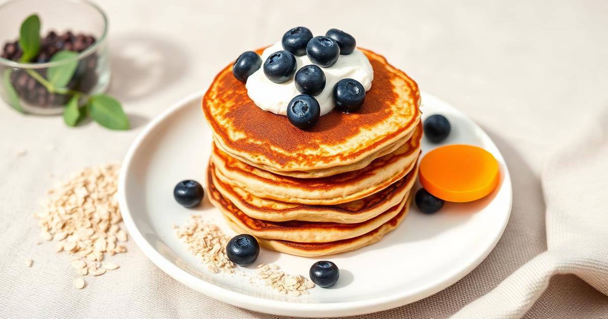 Pancakes protéinés surmontés de yaourt épais et de myrtilles, flocons d'avoine autour de l'assiette