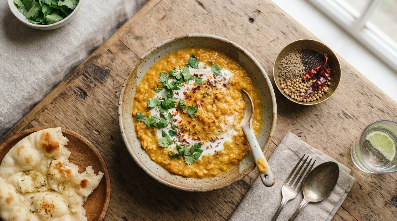 Bol de dhal de lentilles corail au lait de coco parsemé de coriandre fraîche, épices autour