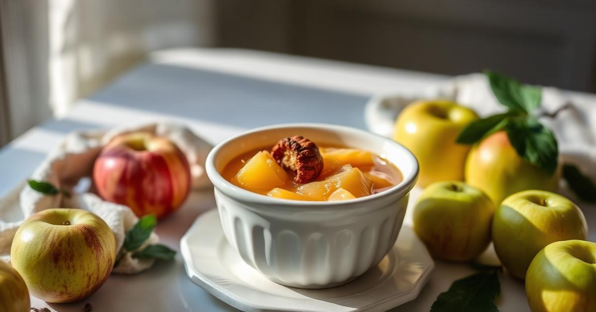 Bol de compote de pommes maison à la cannelle entouré de pommes fraîches sur une table claire