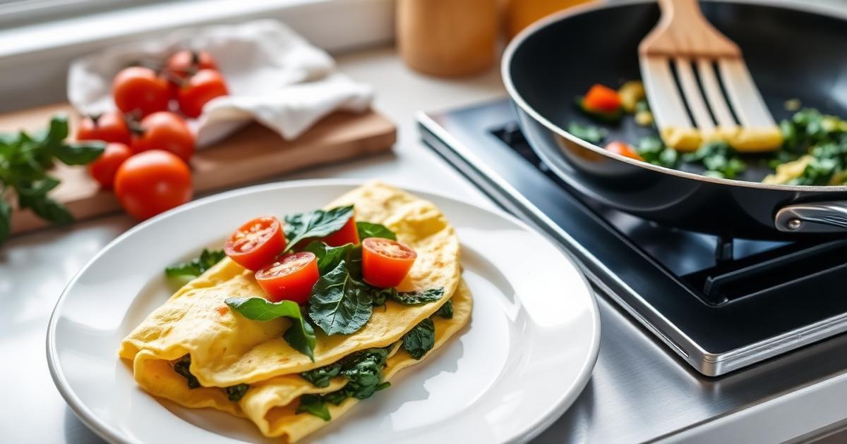 Recette healthy rapide : omelette aux épinards et tomates cerises dans une assiette