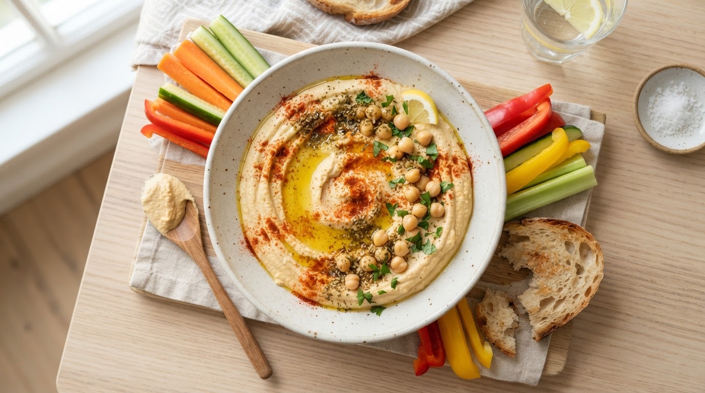 Bol de houmous maison crémeux avec huile d'olive, paprika et bâtonnets de légumes, vue de dessus