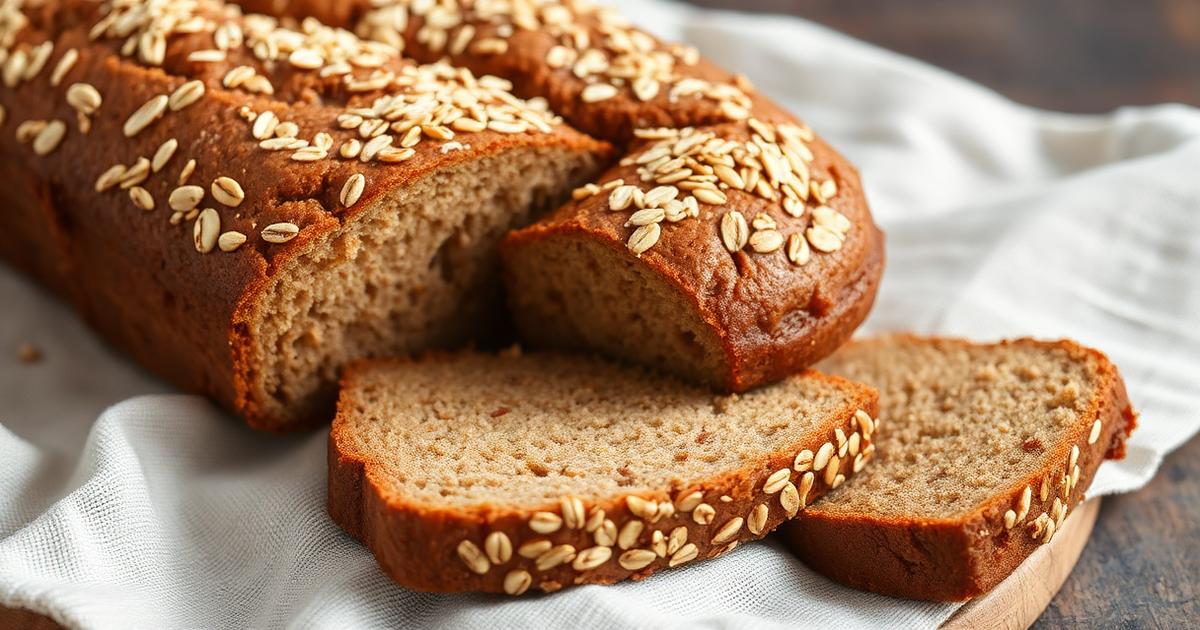 Banana bread aux flocons d'avoine tranché, croûte parsemée de flocons