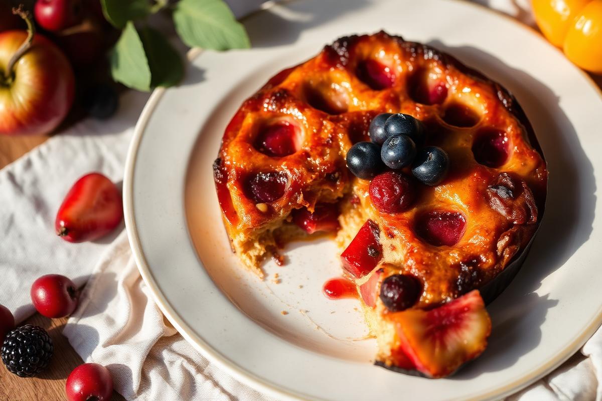 Clafoutis doré aux fruits rouges dans un plat, une part coupée sur assiette blanche