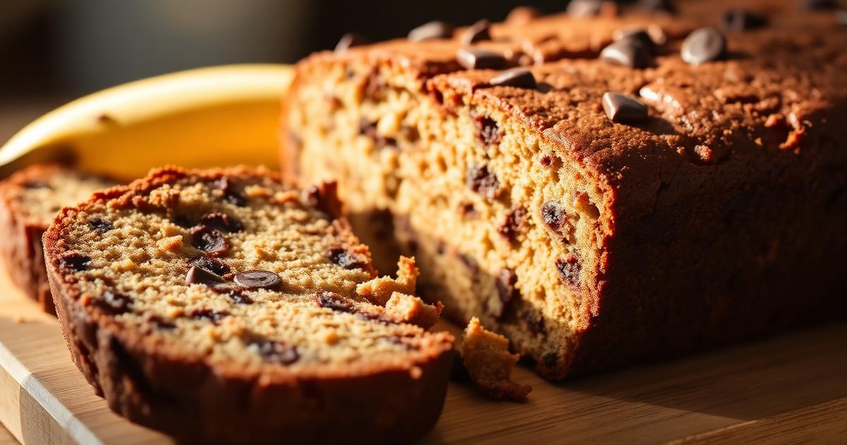 Banana bread au chocolat tranché, pépites de chocolat fondantes visibles dans la mie