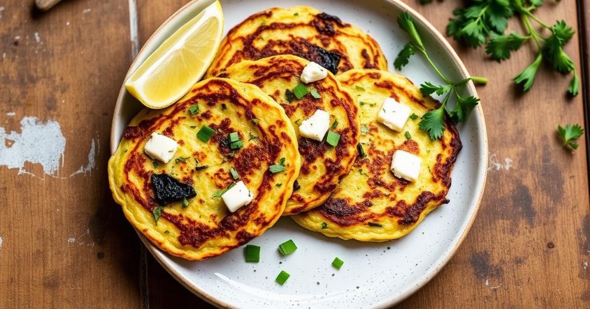 Trois pancakes salés à la courgette et à la feta sur assiette avec citron et persil