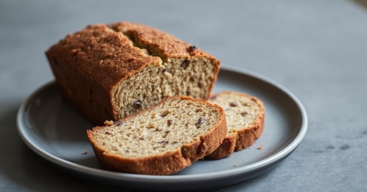 Banana bread sans gluten tranché sur assiette grise, mie dense et dorée