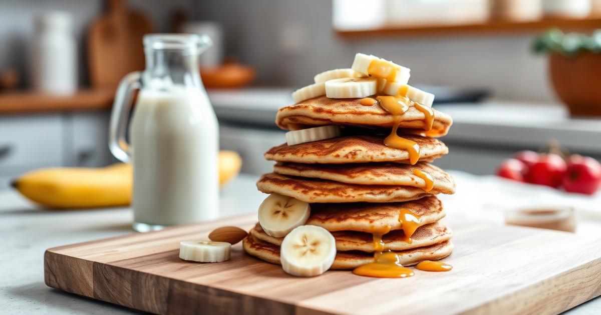 Pile de pancakes vegan sur planche en bois avec bouteille de lait végétal et rondelles de banane