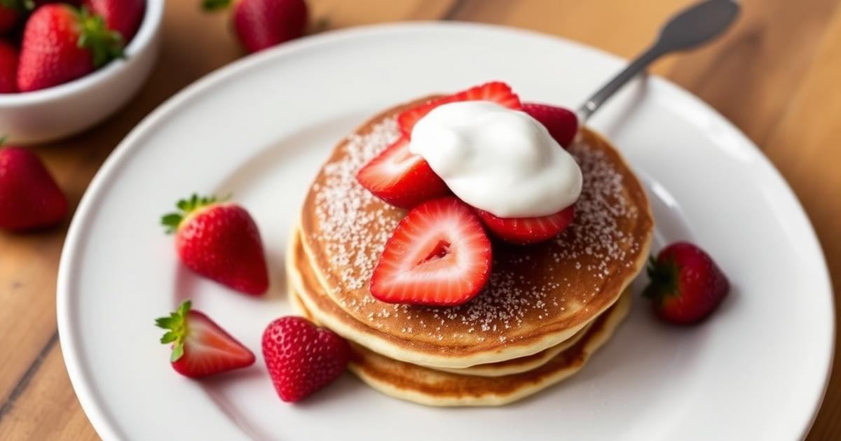 Pancakes sans sucre avec fraises fraîches et cuillère de yaourt nature sur assiette blanche