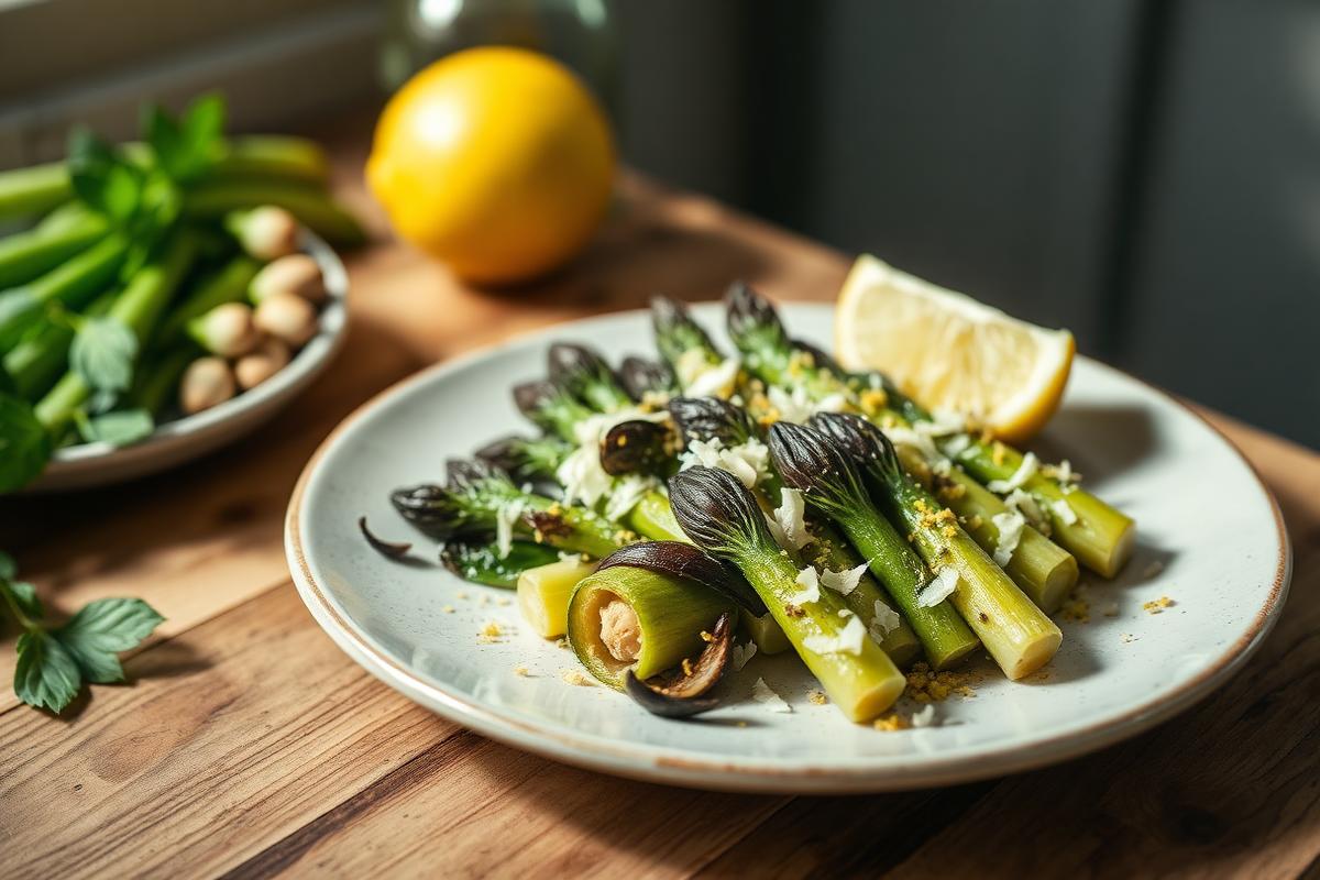 Asperges vertes rôties au four parsemées de parmesan râpé et de zeste de citron dans une assiette