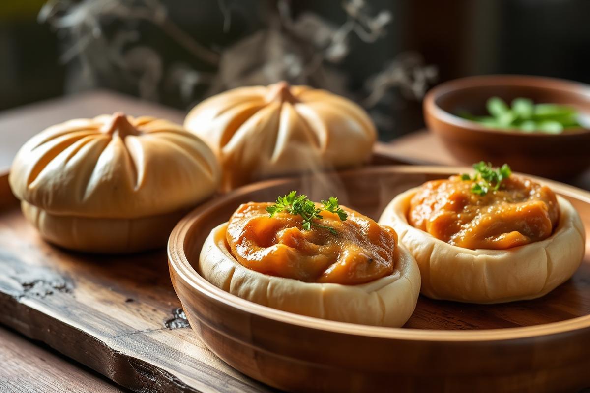 Bao buns vapeur moelleux garnis de poulet effiloché doré et de coriandre fraîche