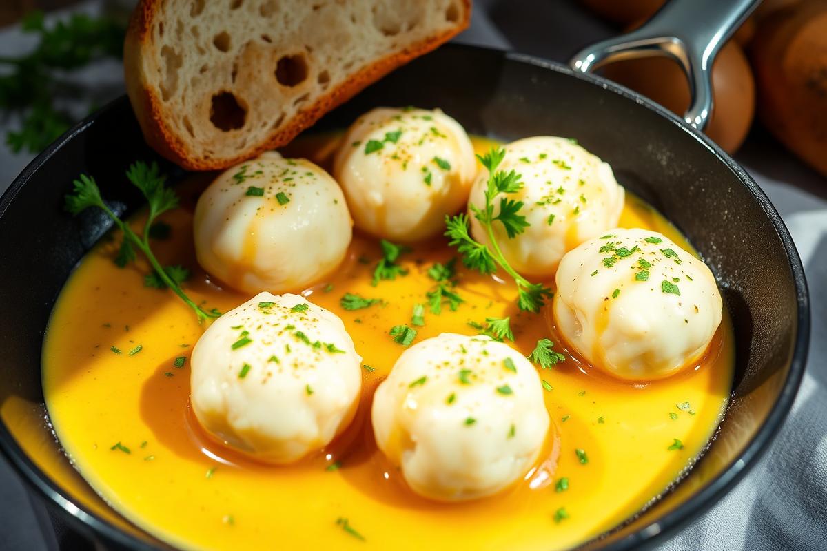 Boulettes de poisson dorées nappées de sauce aigre-douce brillante avec coriandre dans une poêle