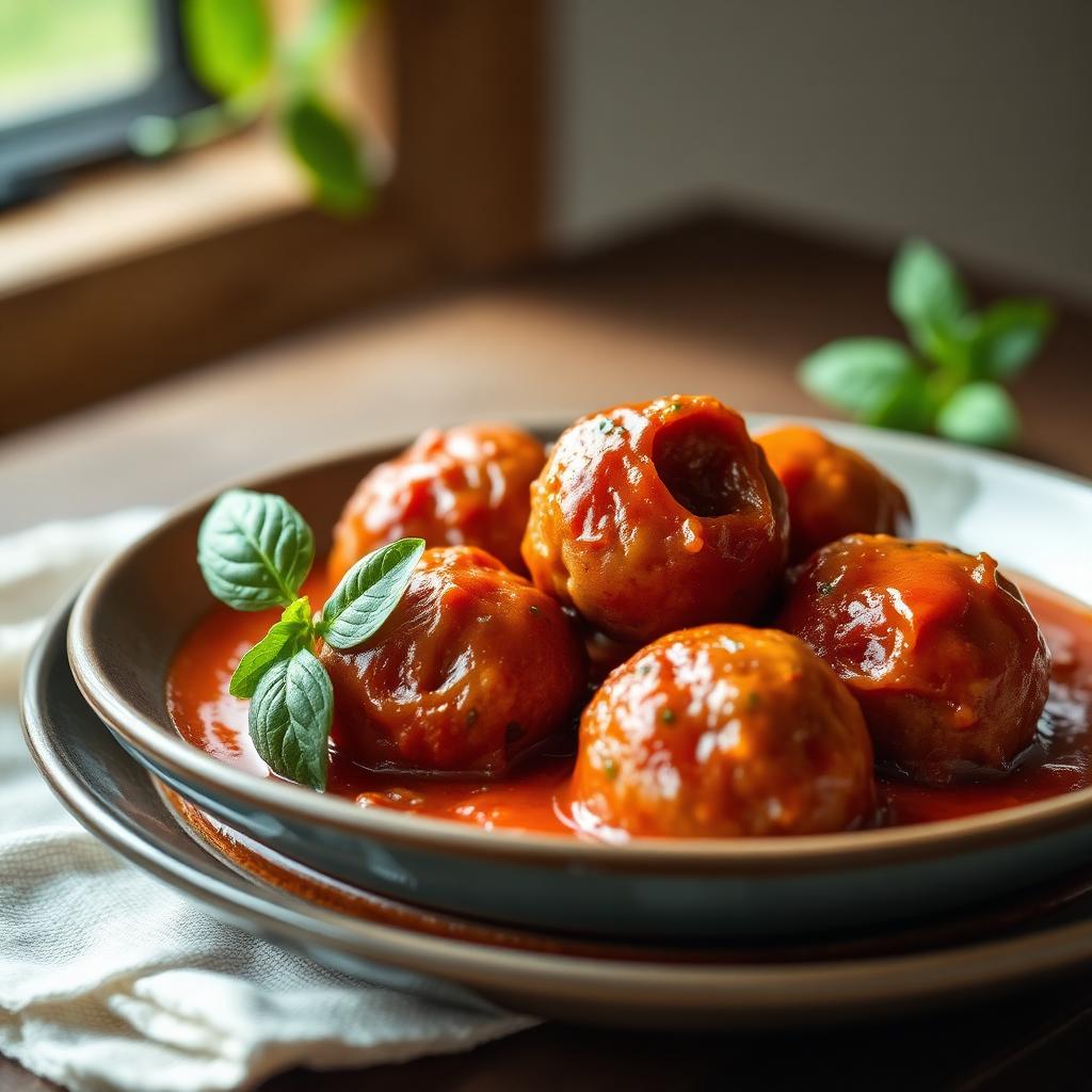 Boulettes de viande mijotées dans une sauce tomate maison avec du basilic