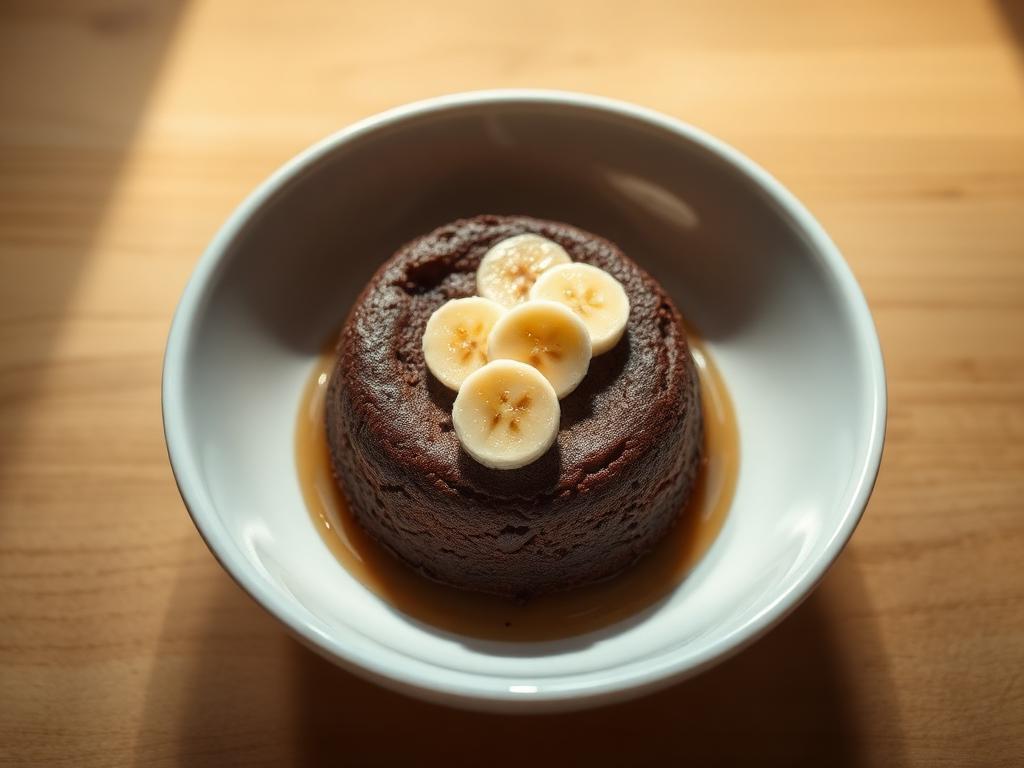 Bowlcake chocolat-banane moelleux dans un bol blanc avec rondelles de banane