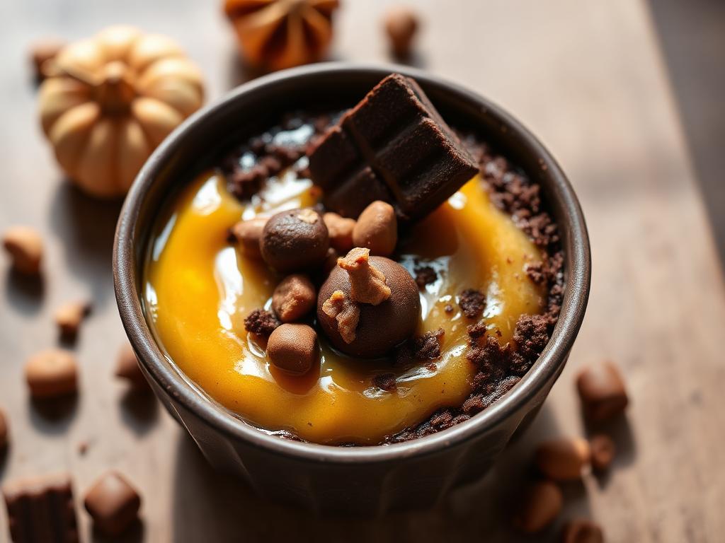Bowlcake au chocolat noir et noisettes concassées dans un bol