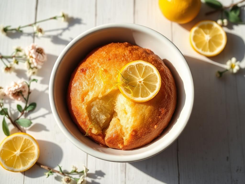 Bowlcake aux myrtilles et citron dans un bol blanc