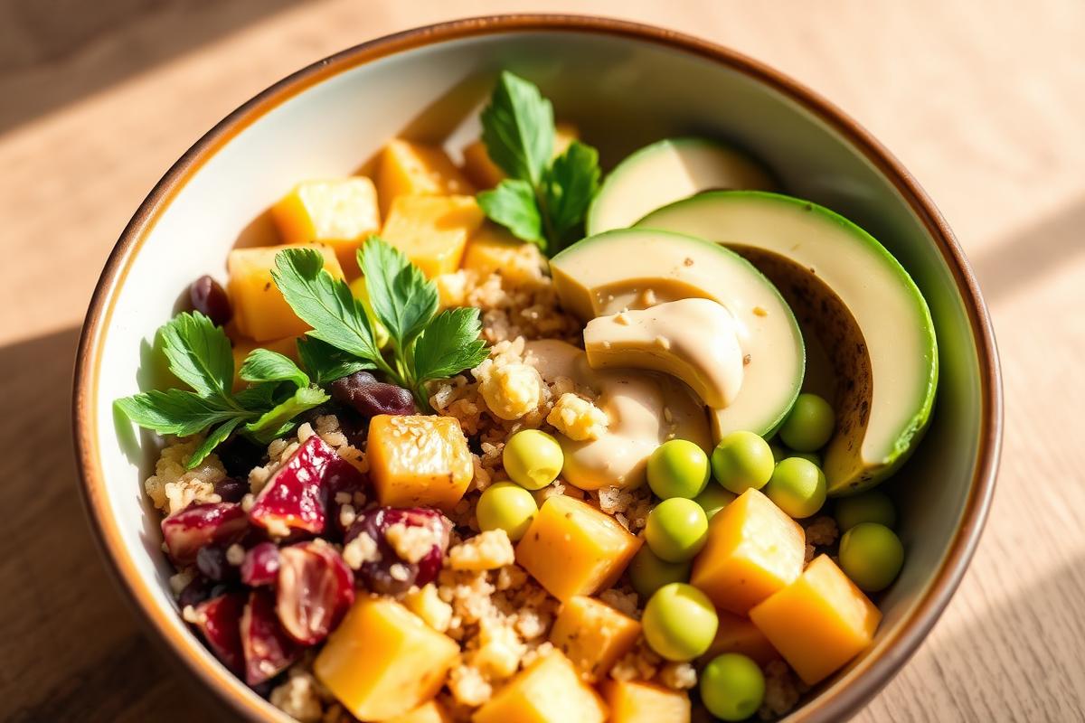 Buddha bowl de quinoa, patate douce et chou-fleur rôtis, avocat, pois chiches et sauce tahini