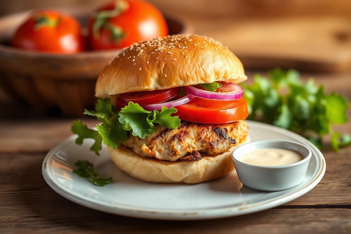 Burger de poulet grillé dans un pain complet avec salade, tomate, oignon rouge et sauce blanche