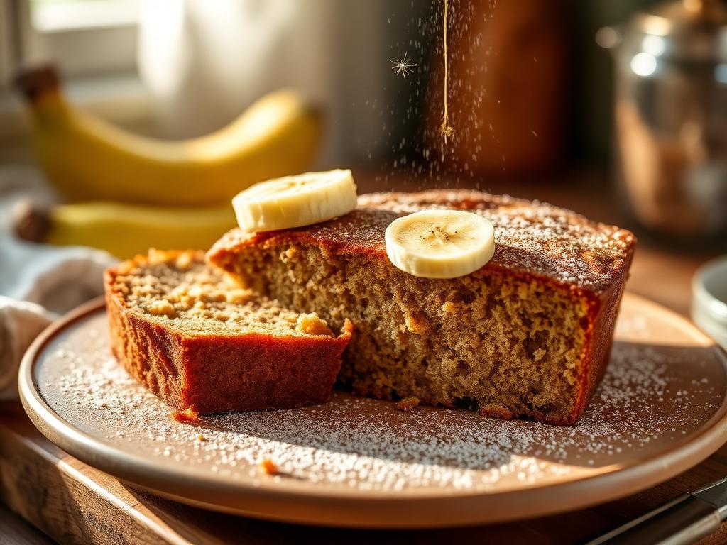 Banana bread healthy tranché avec des rondelles de banane sur le dessus