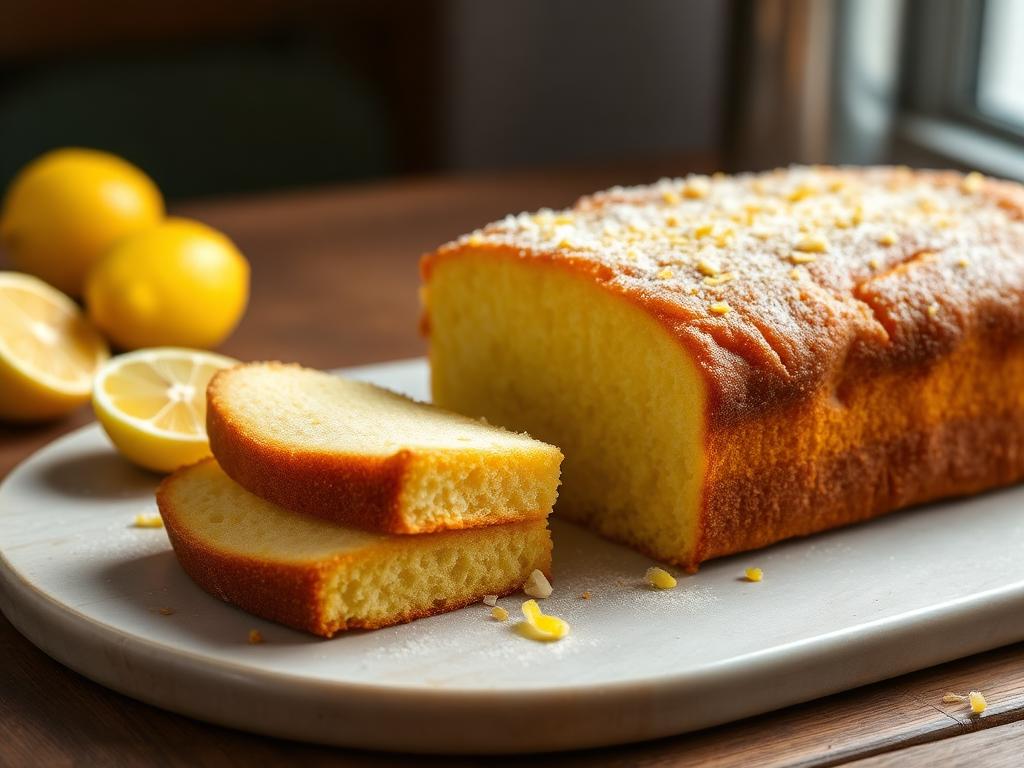Cake healthy au citron tranché sur un plat avec des citrons frais