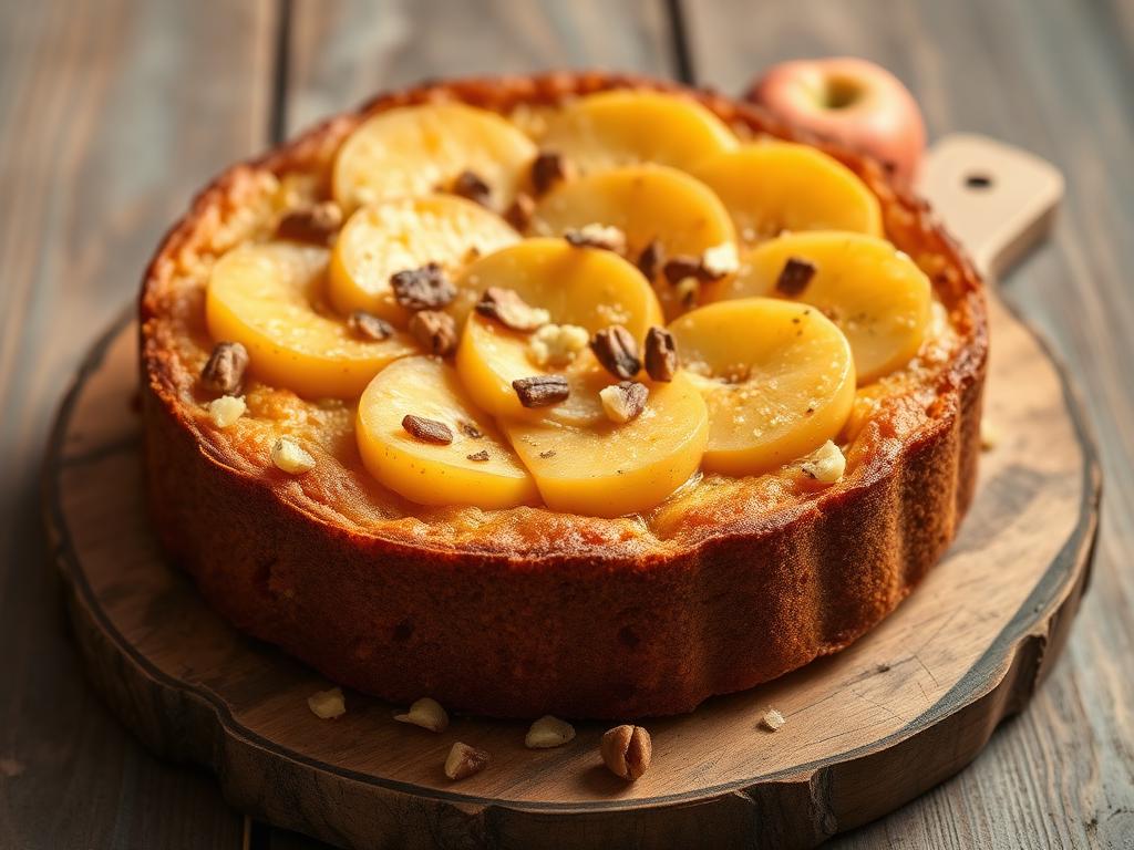 Cake healthy aux pommes et aux noix sur une planche en bois