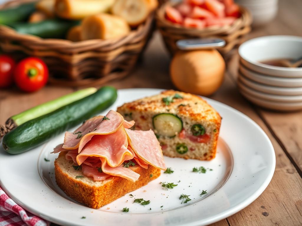 Cake salé healthy au jambon et aux légumes tranché dans une assiette