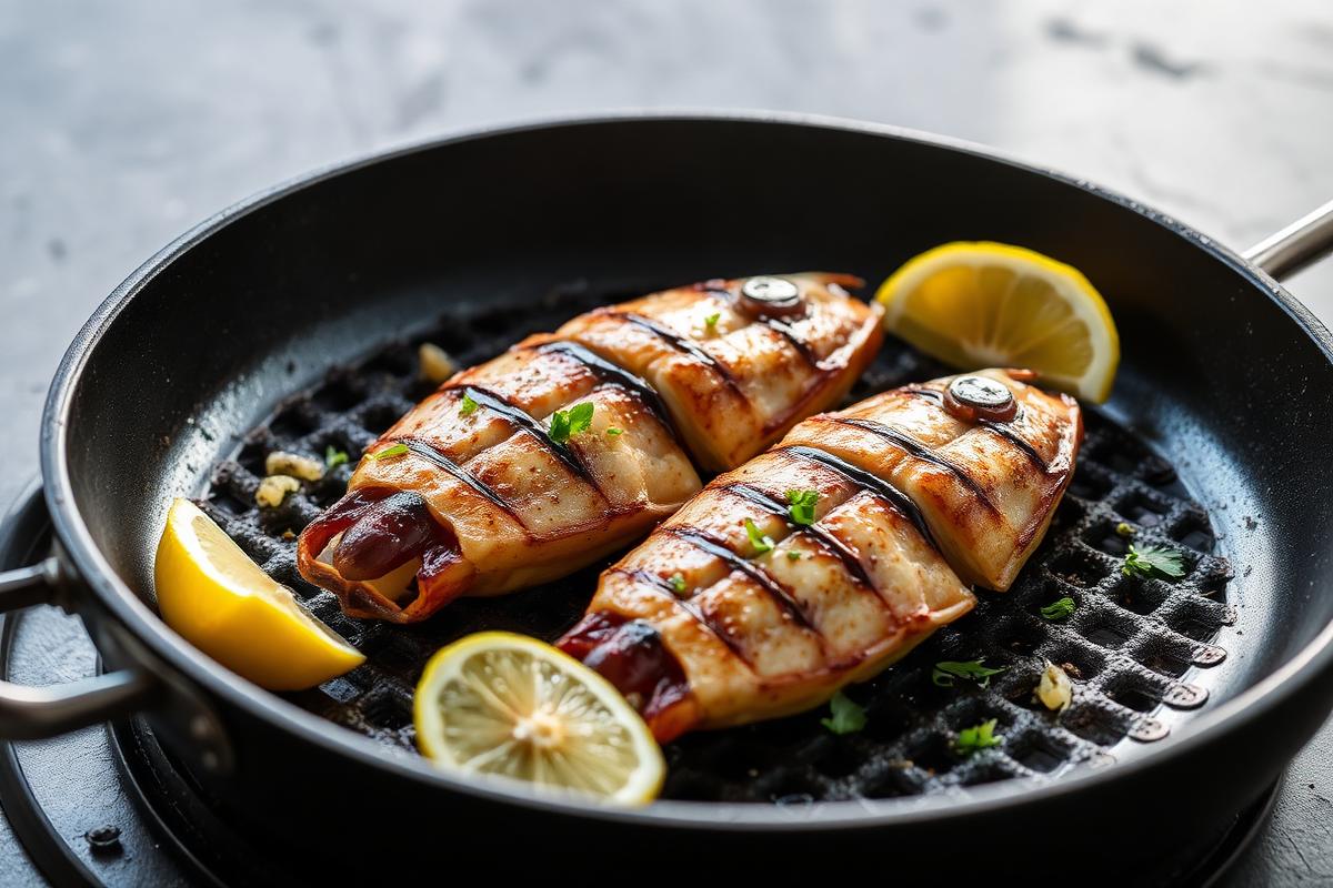 Calamars grillés marqués à la plancha avec ail émincé, persil et quartiers de citron