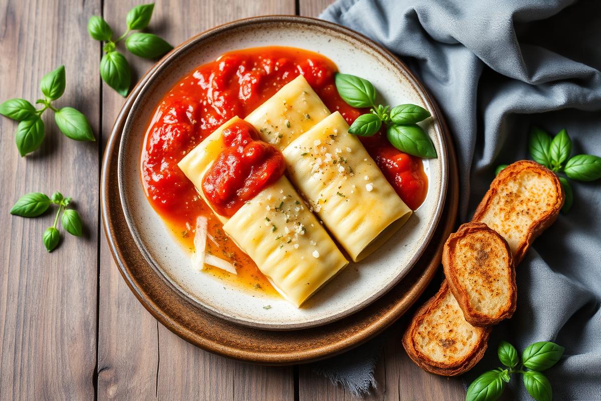 Cannellonis farcis ricotta-épinards nappés de sauce tomate maison et parsemés de basilic