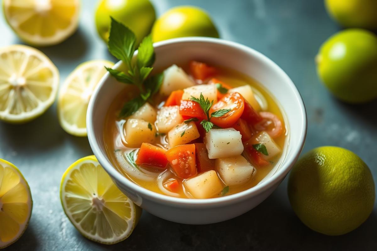 Bol de ceviche de cabillaud en cubes marinés au citron vert avec tomate et coriandre