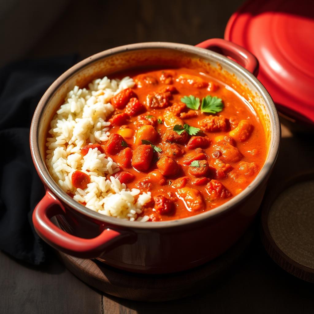 Chili sin carne aux haricots rouges servi avec du riz complet dans une cocotte