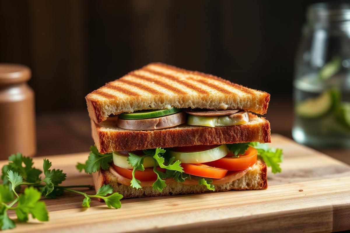 Club sandwich à trois étages coupé en triangle, pain complet grillé, dinde, tomate et salade