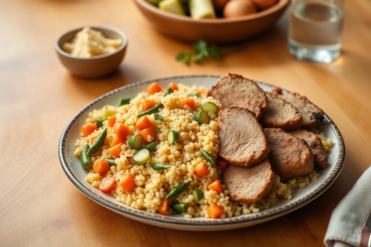 Assiette de couscous complet aux carottes et courgettes avec tranches de poulet doré