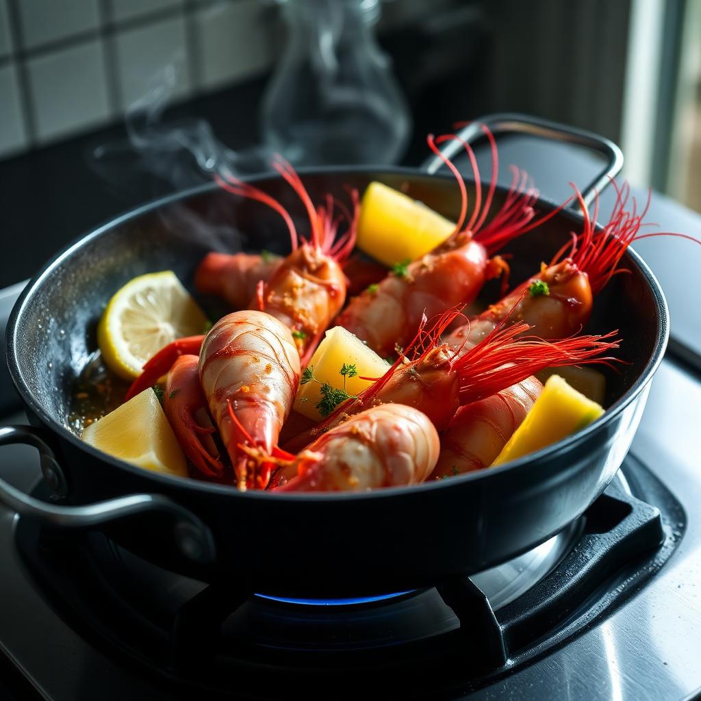 Poêlée de crevettes à l'ail et au persil dans une poêle avec du citron