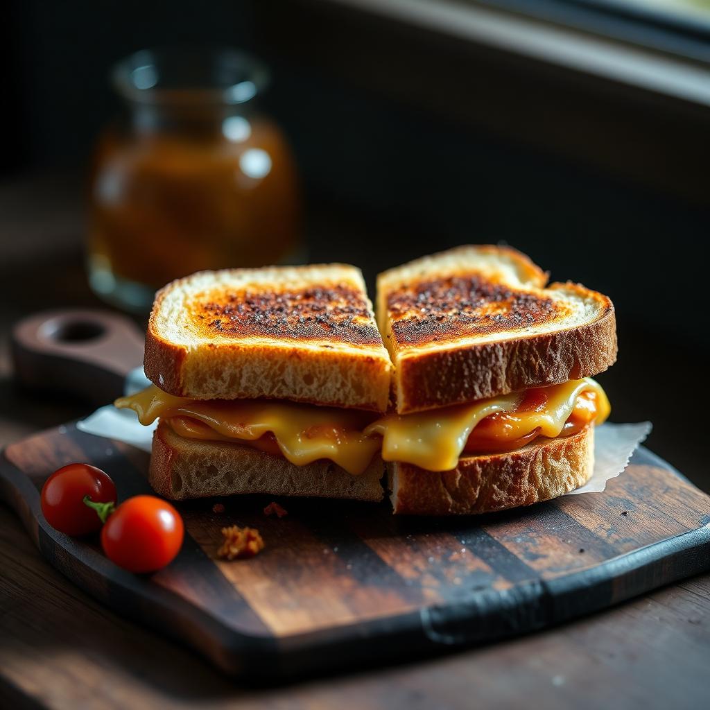 Croque-monsieur au pain complet doré et coupé en deux sur une planche
