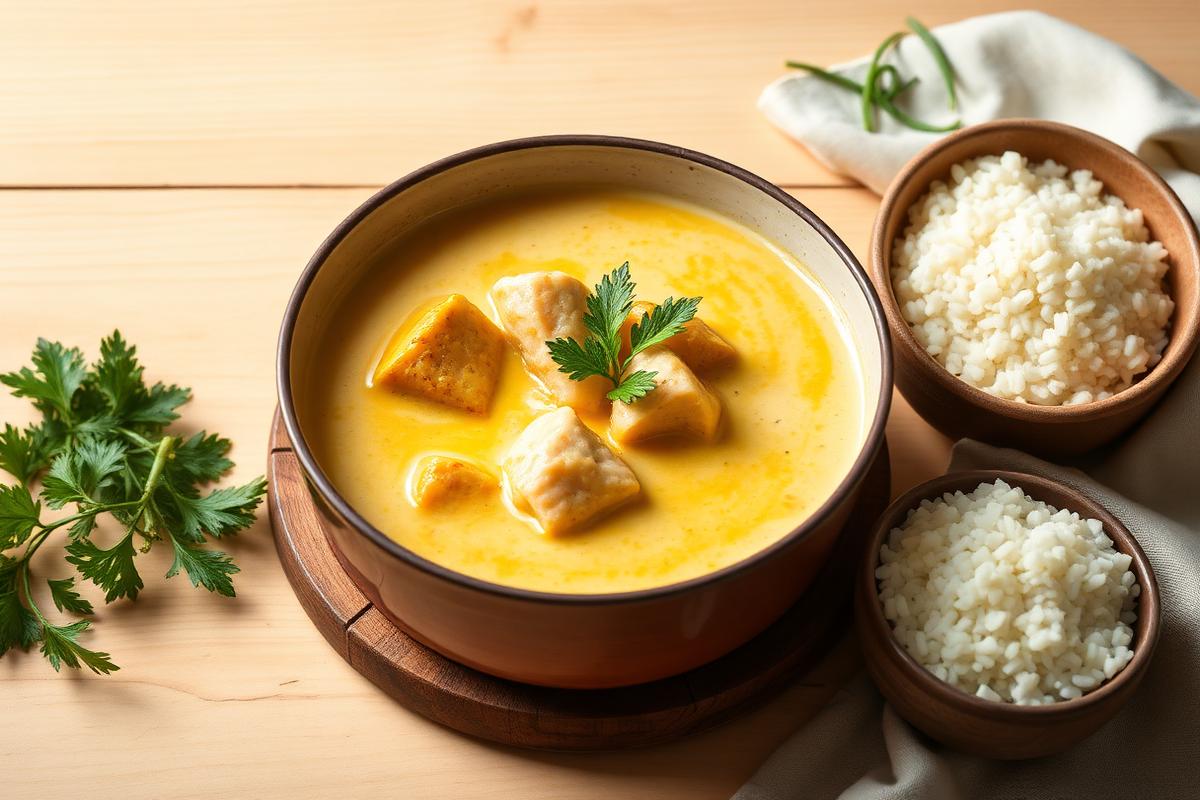 Curry de poisson blanc au lait de coco dans une cocotte, coriandre fraîche et bols de riz