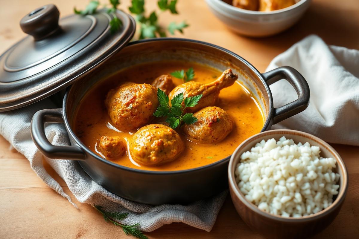 Cocotte de curry de poulet orangé au lait de coco, coriandre fraîche et bol de riz