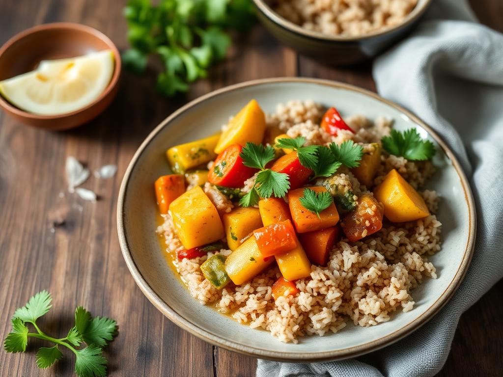 Assiette de curry de légumes de saison au lait de coco servi avec du riz complet