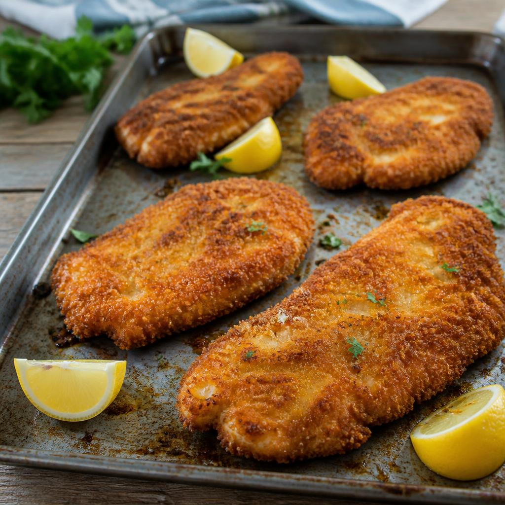 Escalopes de dinde panées dorées sur une plaque de four avec des quartiers de citron