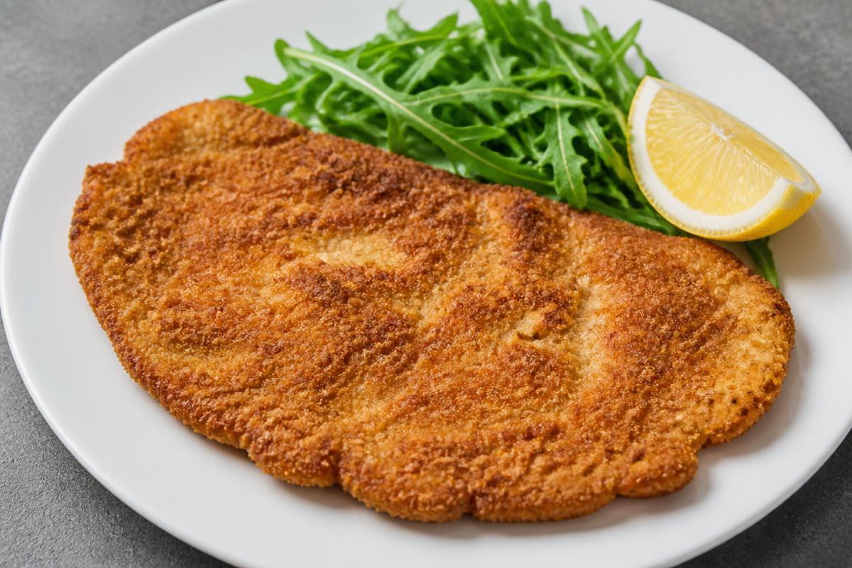 Escalope de veau panée dorée au four servie avec roquette fraîche et quartier de citron