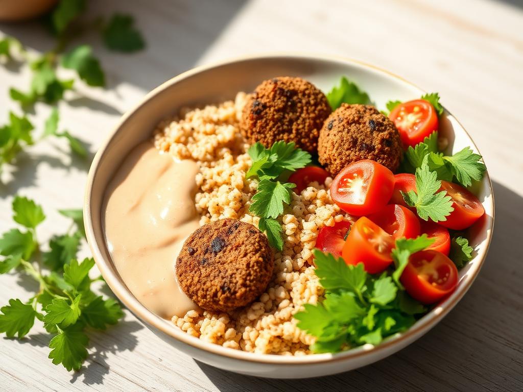 Bowl healthy avec falafels maison au four, quinoa, salade, tomates et sauce tahini