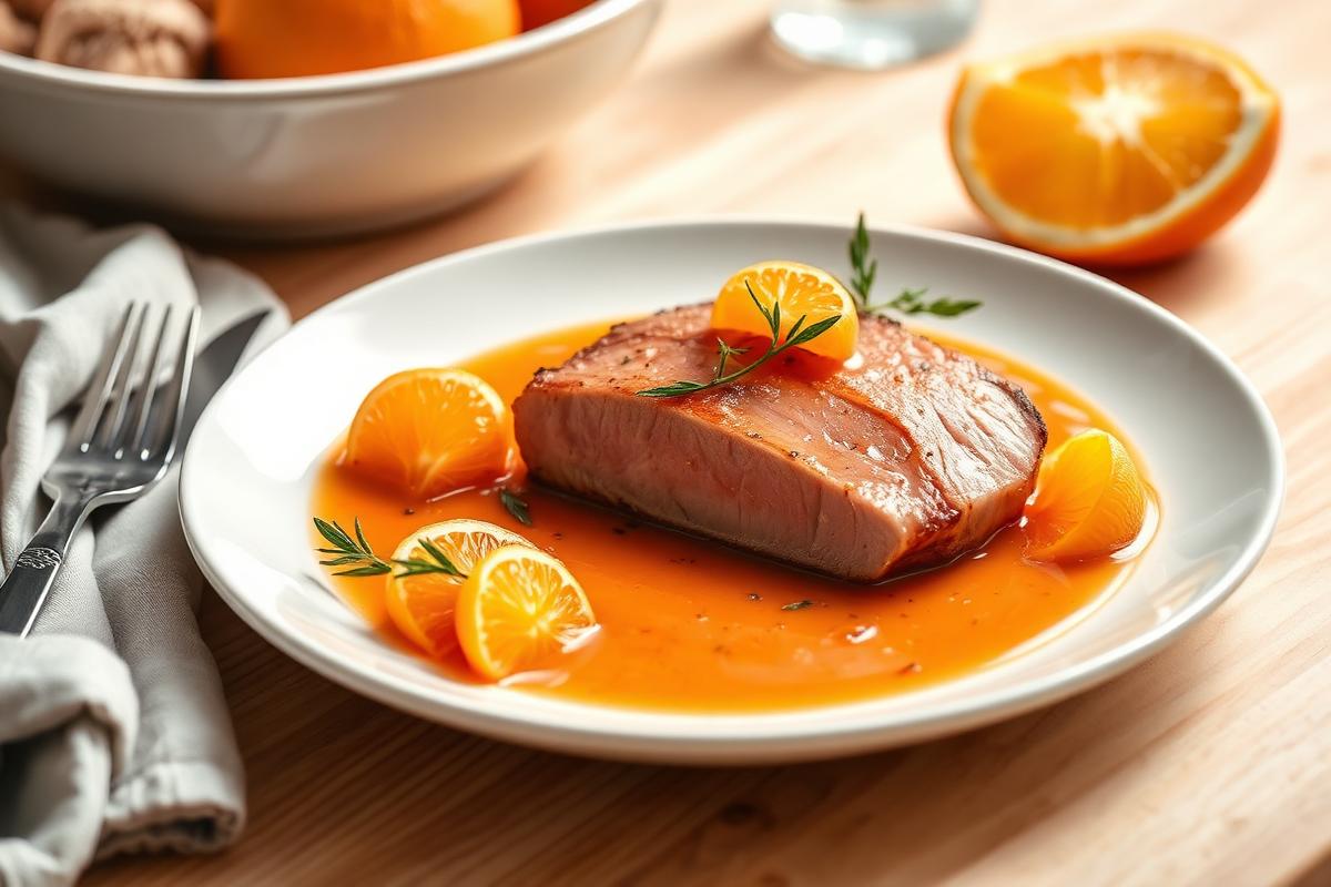 Filet de canard tranché rosé nappé de sauce à l'orange brillante et quartiers d'orange