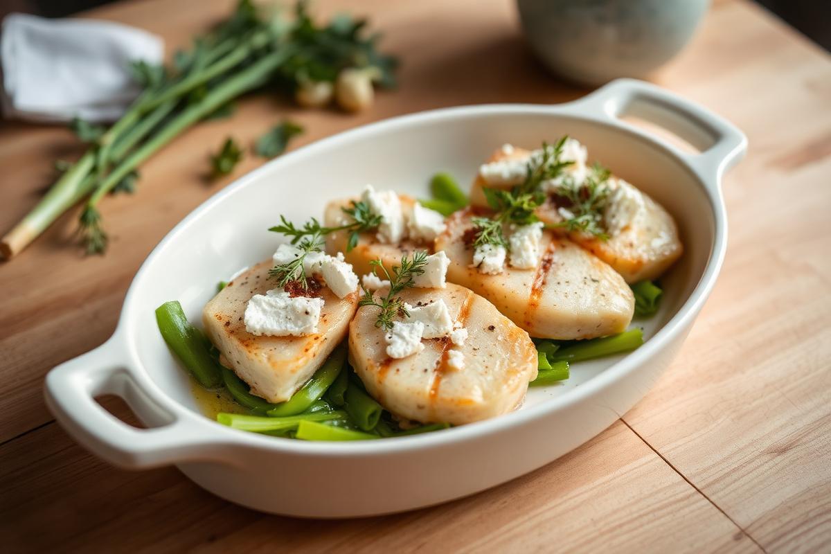 Escalopes de dinde farcies aux épinards et à la feta dans un plat blanc, herbes fraîches