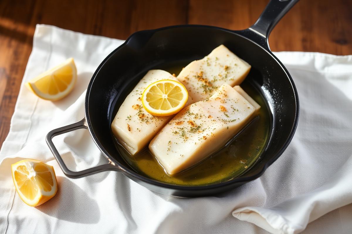 Filets de sole dorés dans une poêle en fonte avec beurre citronné, rondelle de citron et persil
