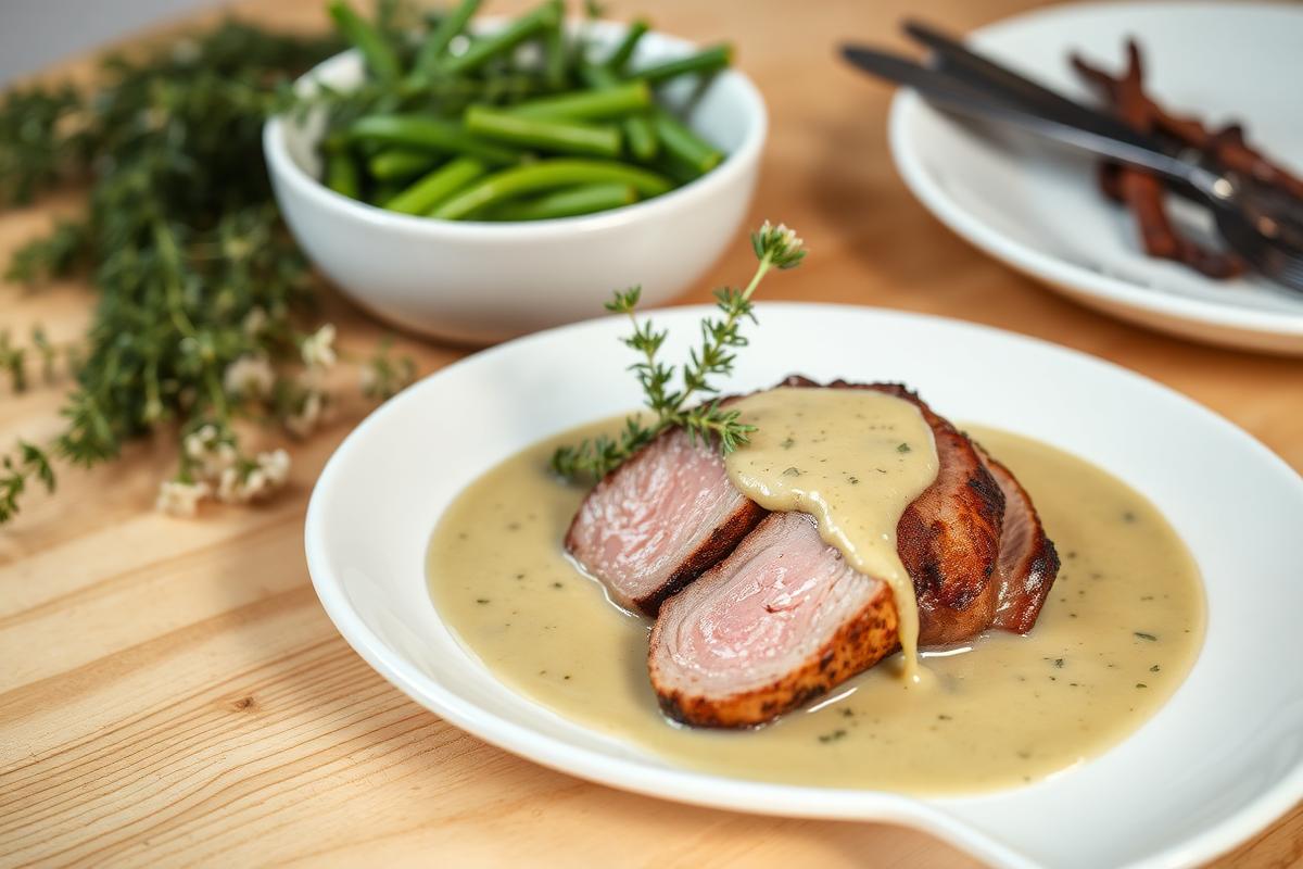 Filet mignon de porc tranché rosé nappé de sauce moutarde claire, brins de thym frais