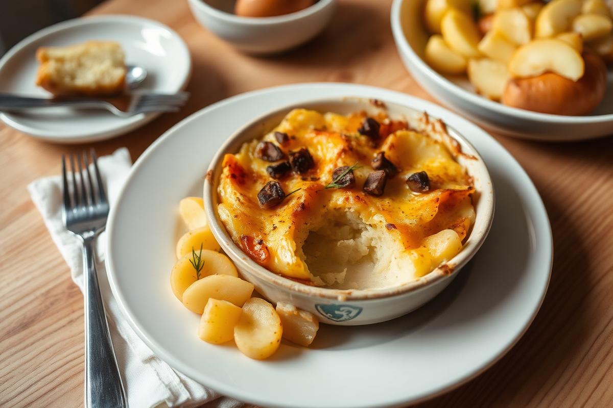 Gratin dauphinois doré au four, fines couches de pommes de terre fondantes dans un plat