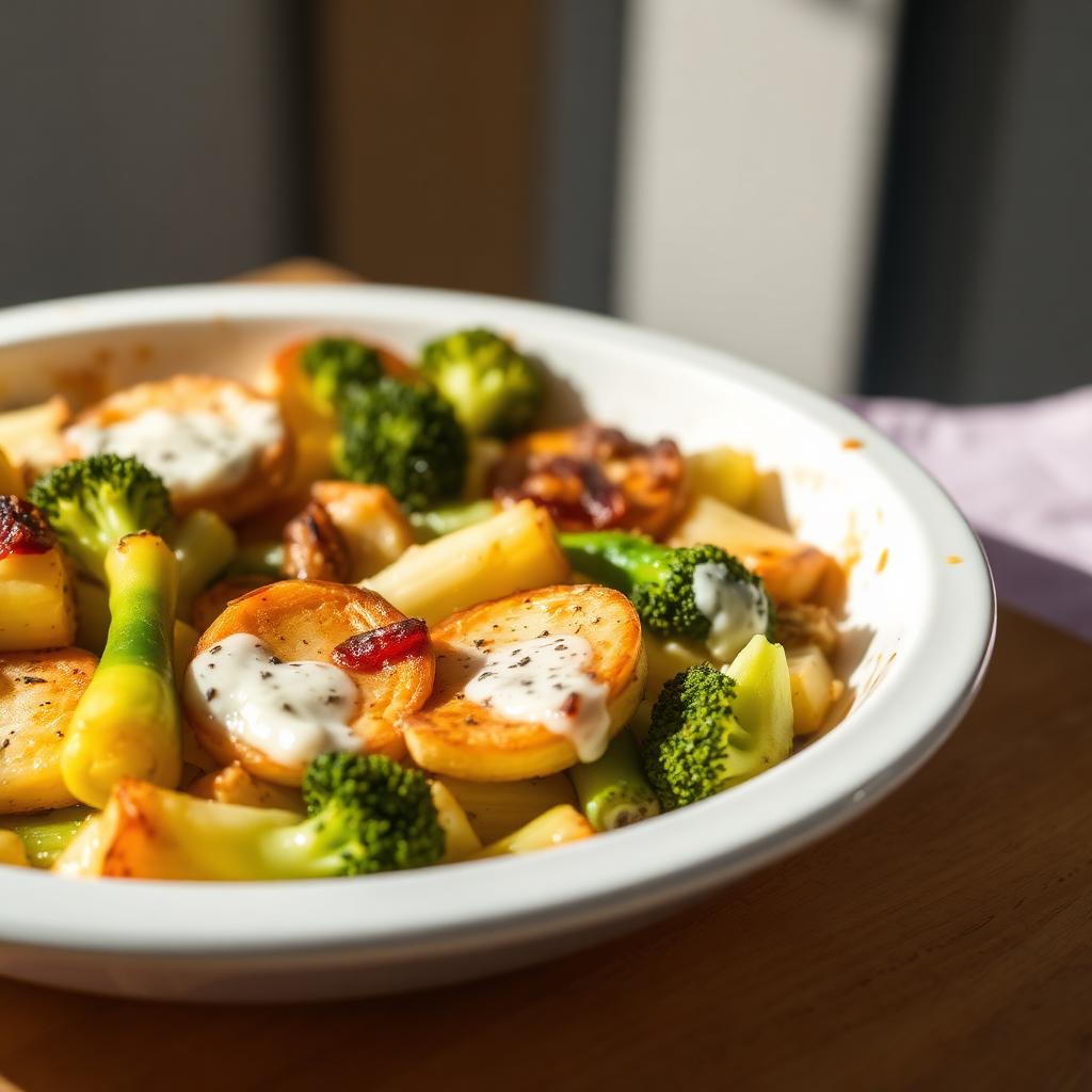 Gratin de légumes doré au four dans un plat blanc
