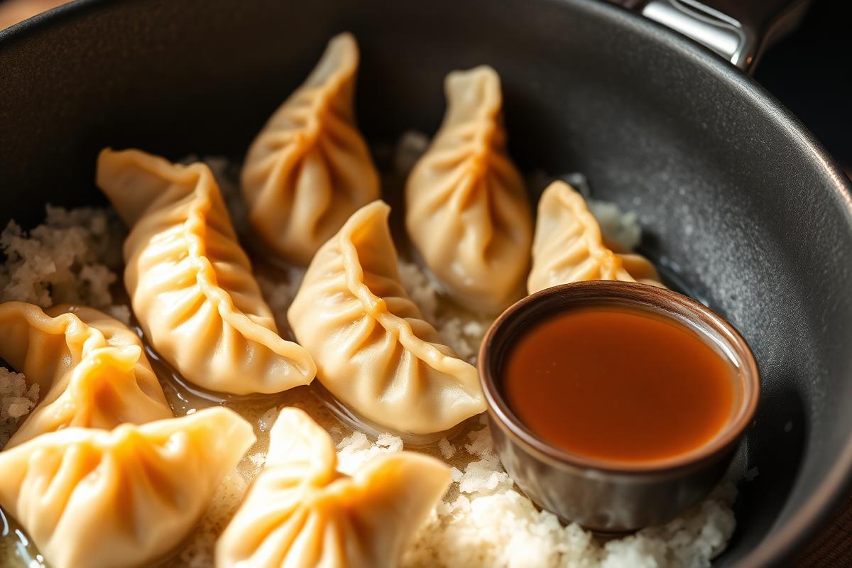 Gyoza japonais dorés dans une poêle noire avec un petit bol de sauce soja brune