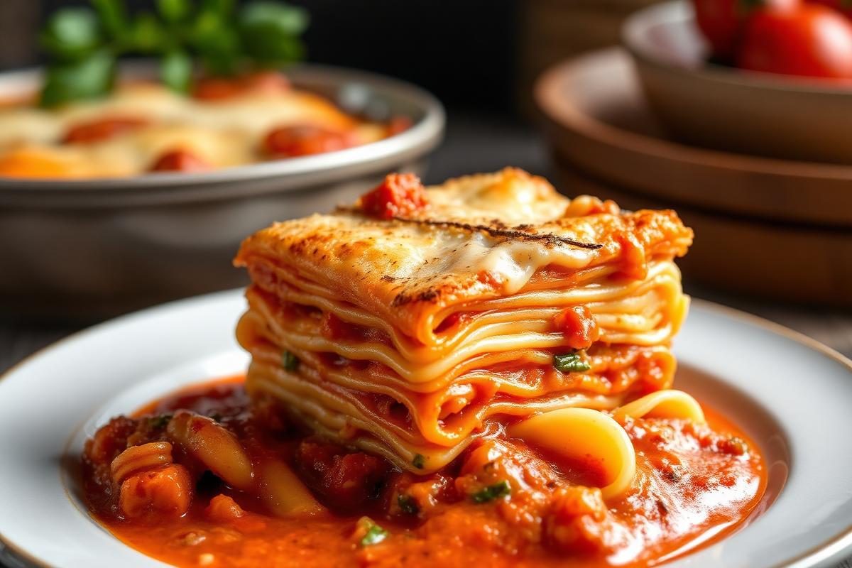 Part de lasagnes maison aux couches visibles, bolognaise aux légumes et béchamel gratinée